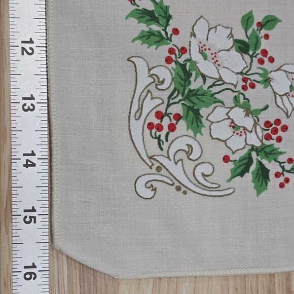 2 - Fabric Table Napkins Christmas Holly Berries Leaves White Poinsettia Flowers - Picture 14 of 15